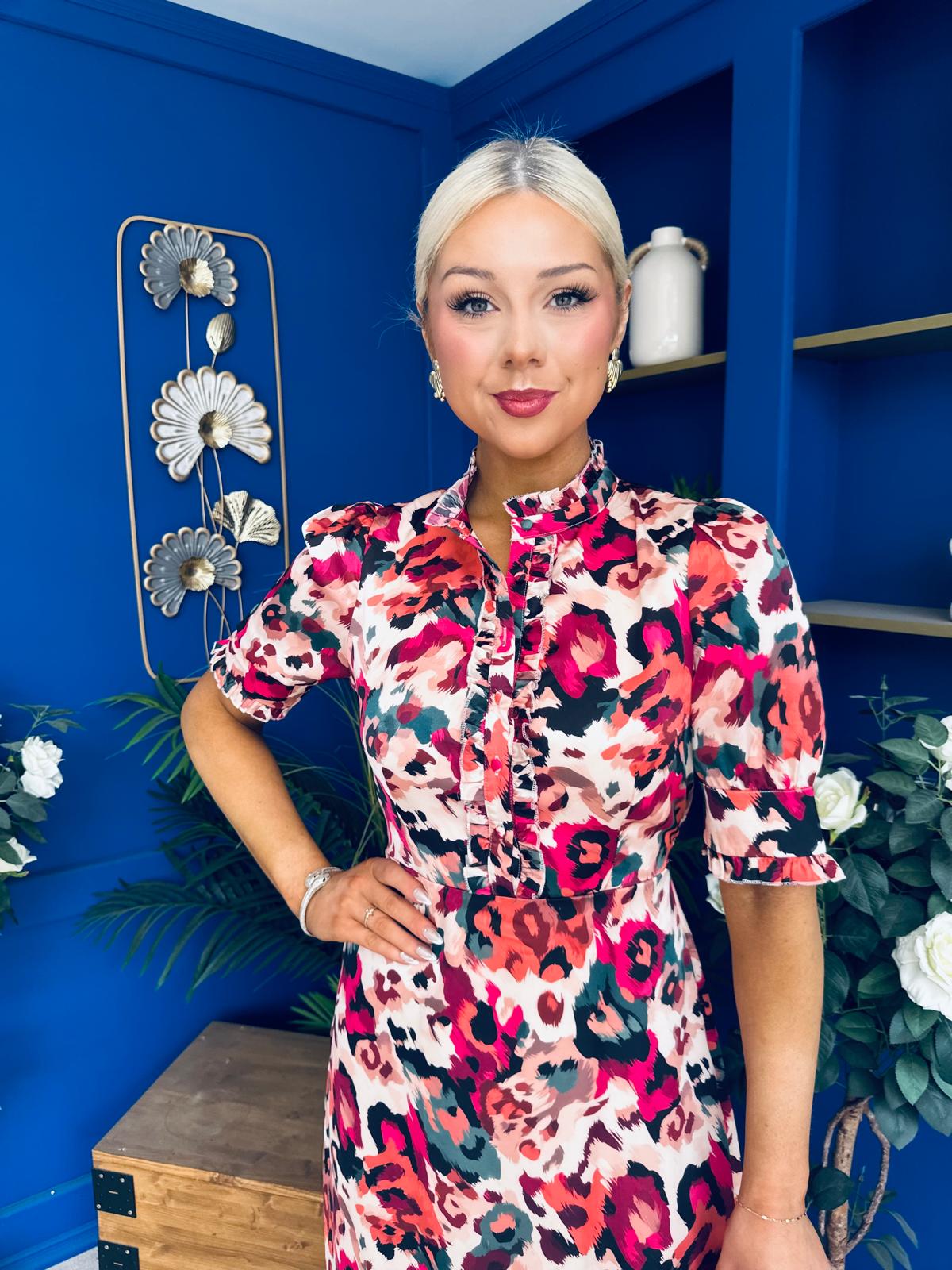 Kirsty Ruffle Hem Midi Dress Pink Leopard