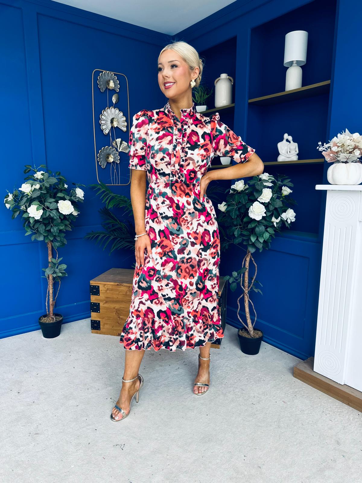 Kirsty Ruffle Hem Midi Dress Pink Leopard