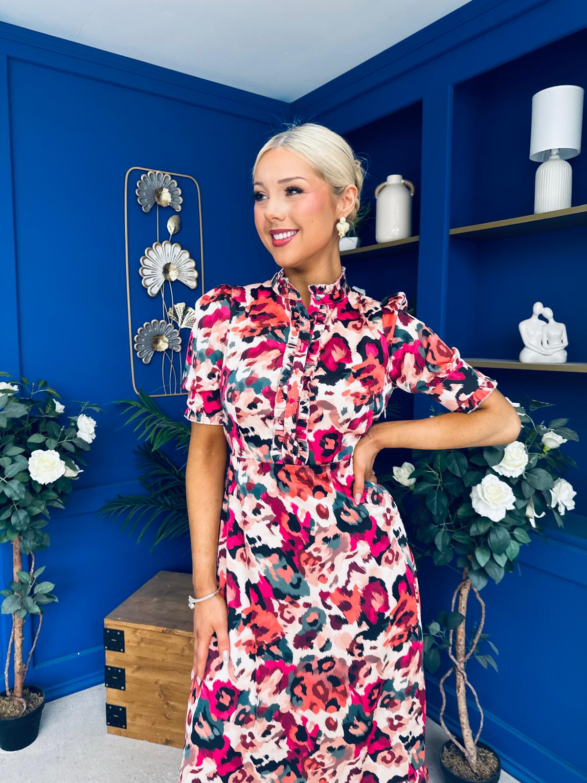 Kirsty Ruffle Hem Midi Dress Pink Leopard