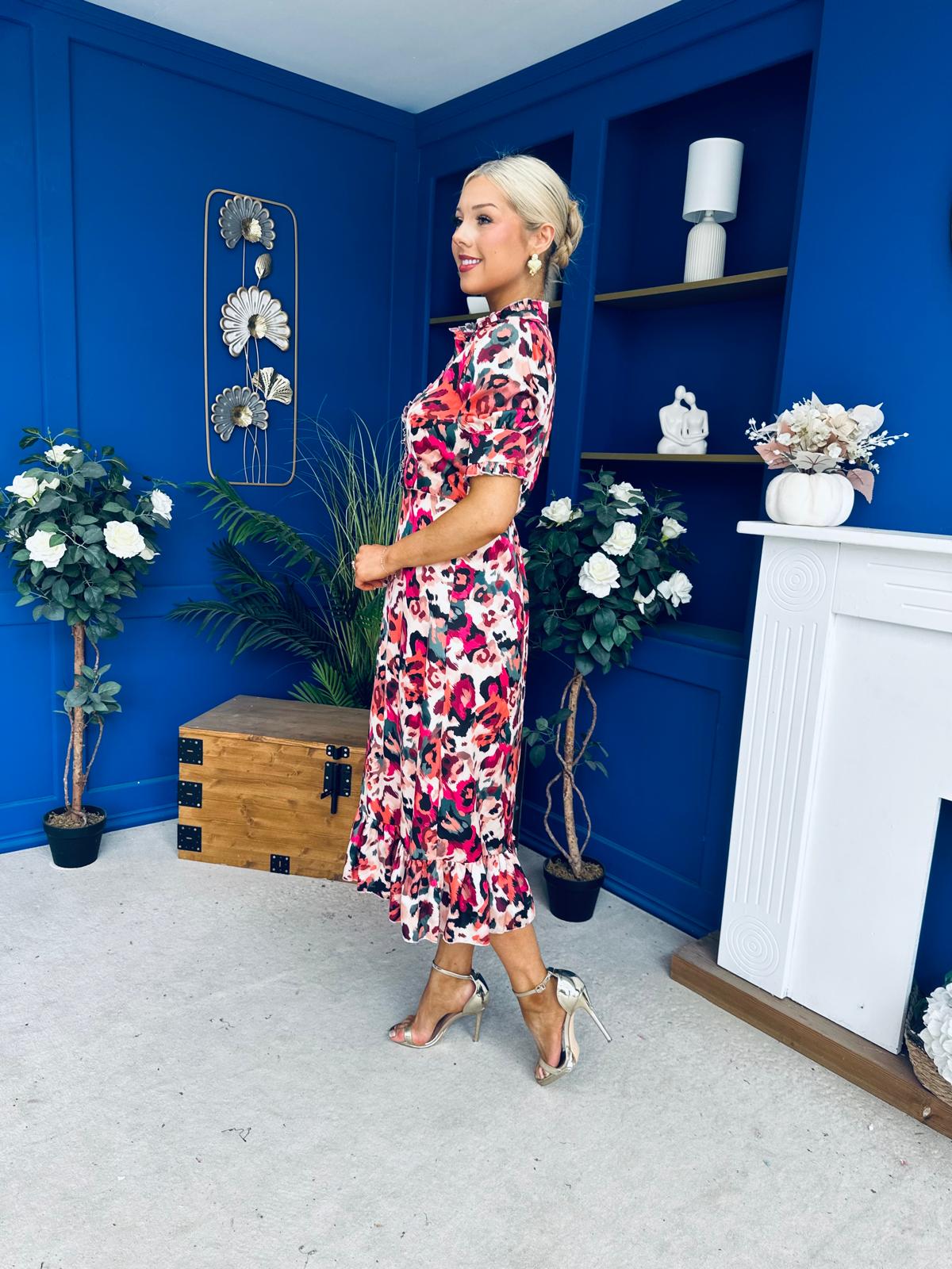 Kirsty Ruffle Hem Midi Dress Pink Leopard