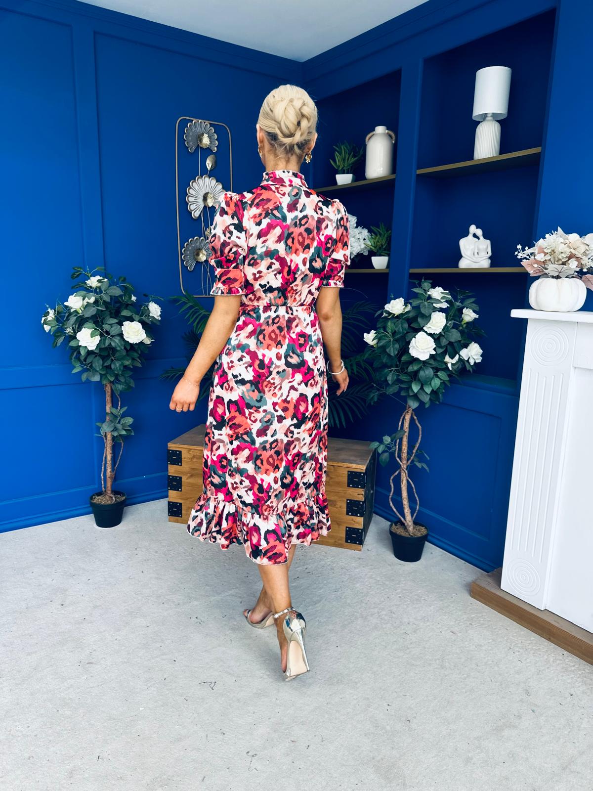 Kirsty Ruffle Hem Midi Dress Pink Leopard