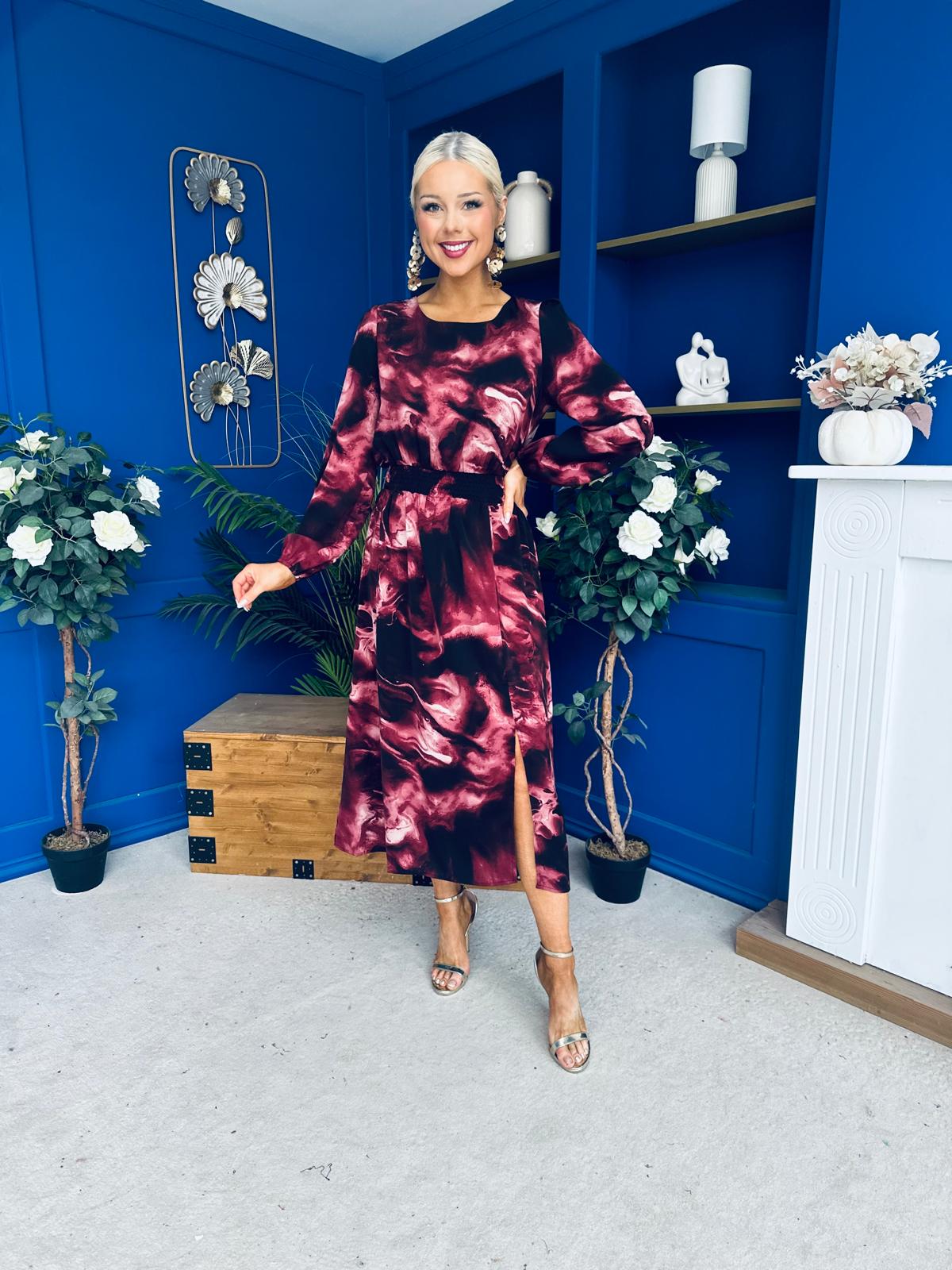 Cheryl Smocked Midi Dress Marble Wine