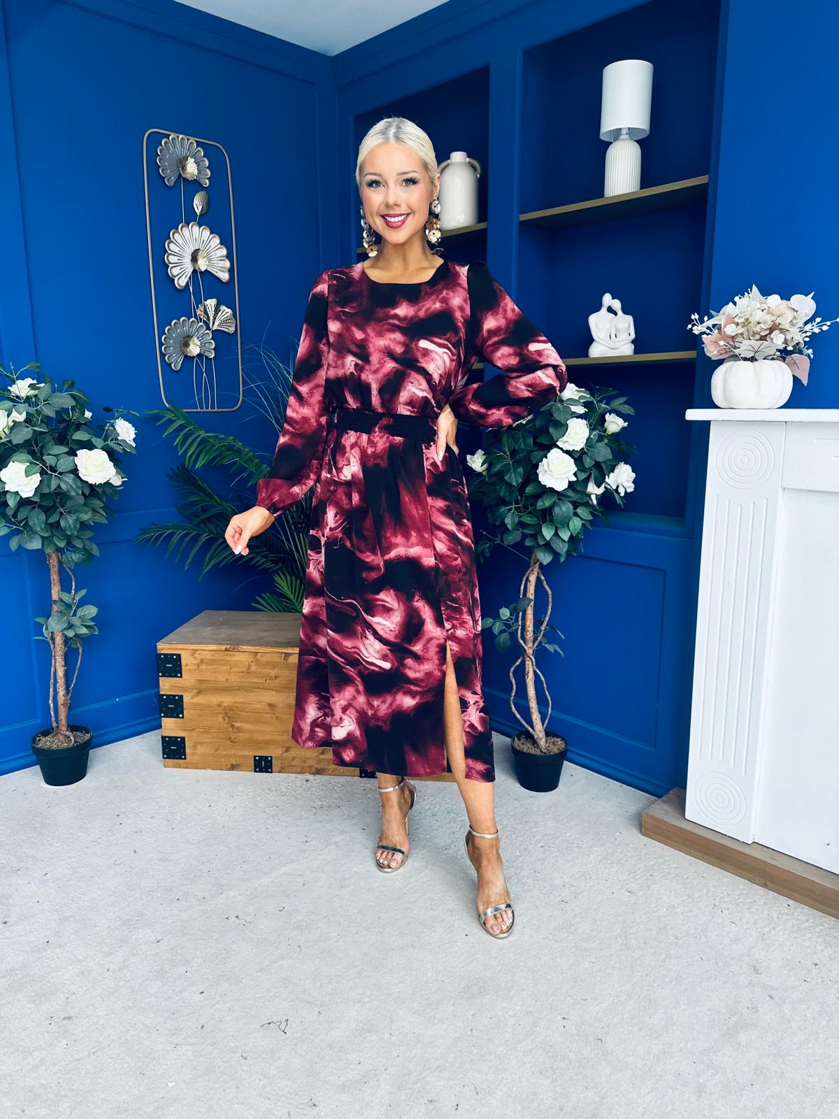 Cheryl Smocked Midi Dress Marble Wine