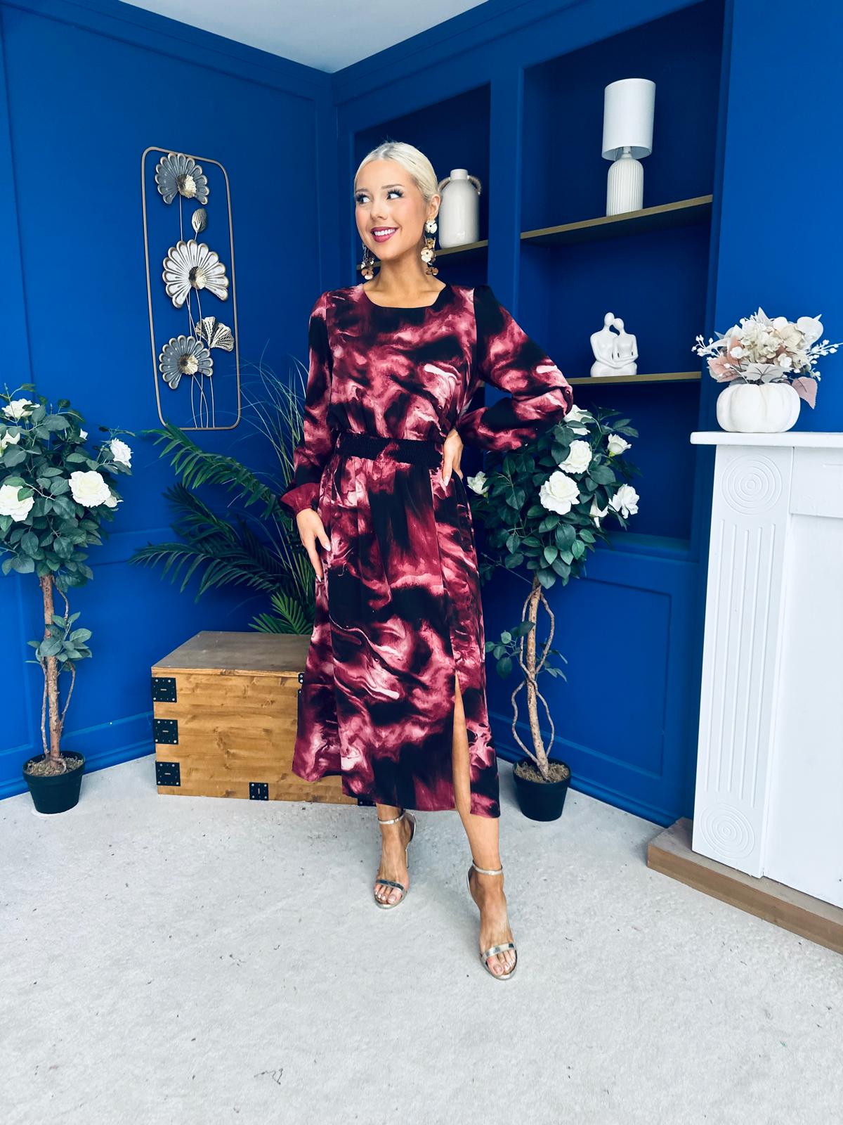 Cheryl Smocked Midi Dress Marble Wine