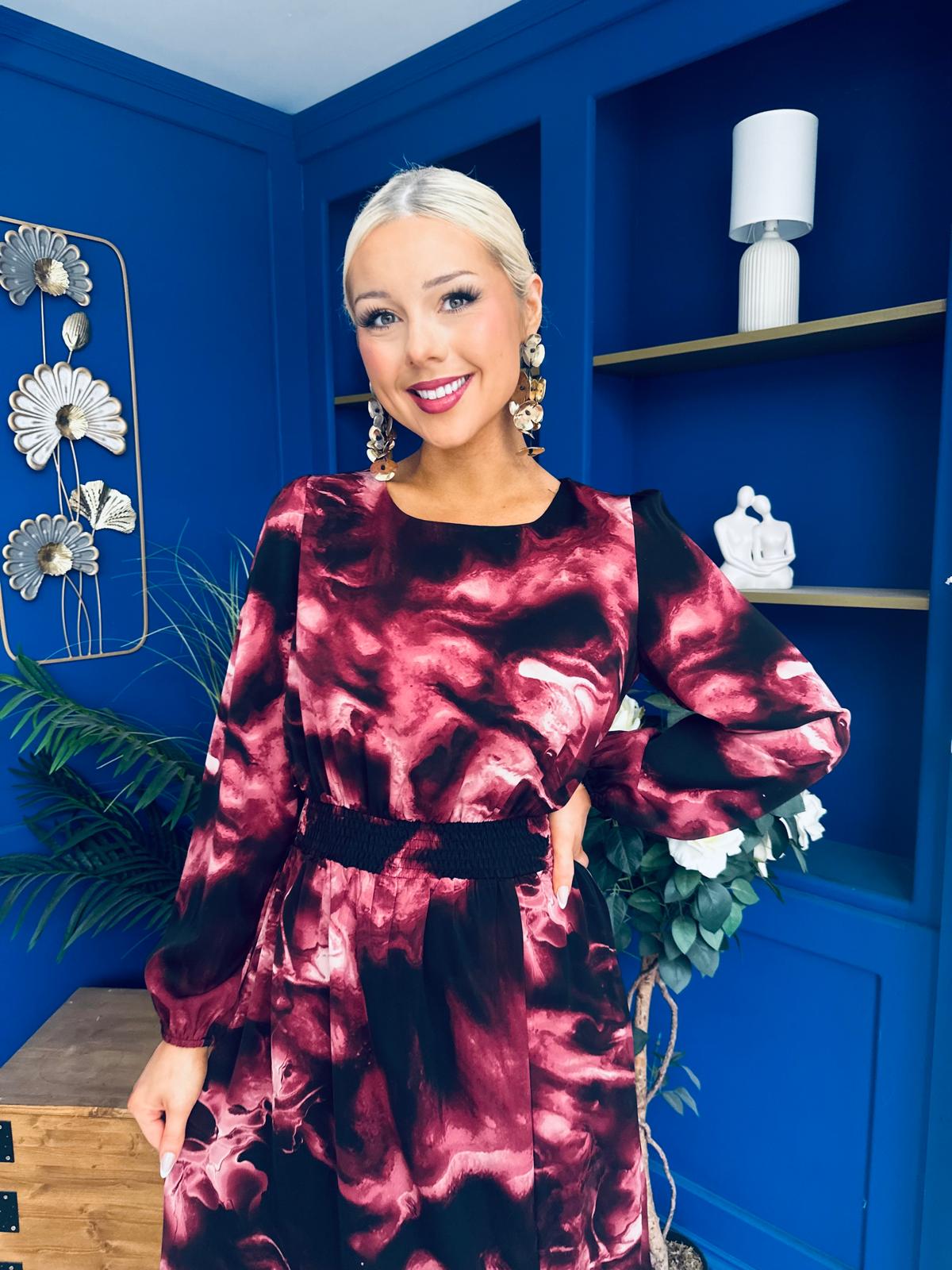 Cheryl Smocked Midi Dress Marble Wine