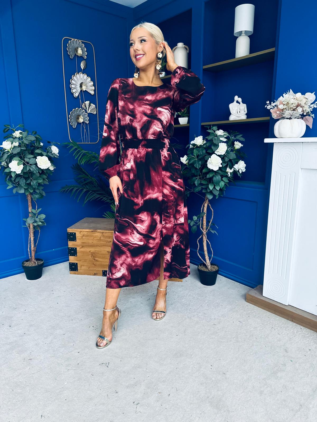 Cheryl Smocked Midi Dress Marble Wine