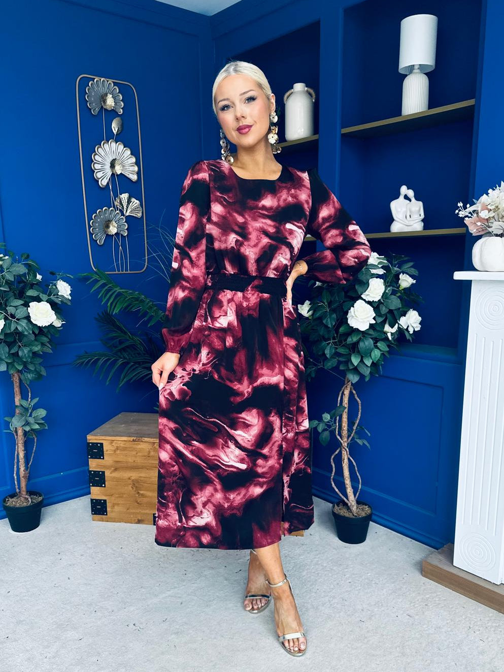 Cheryl Smocked Midi Dress Marble Wine