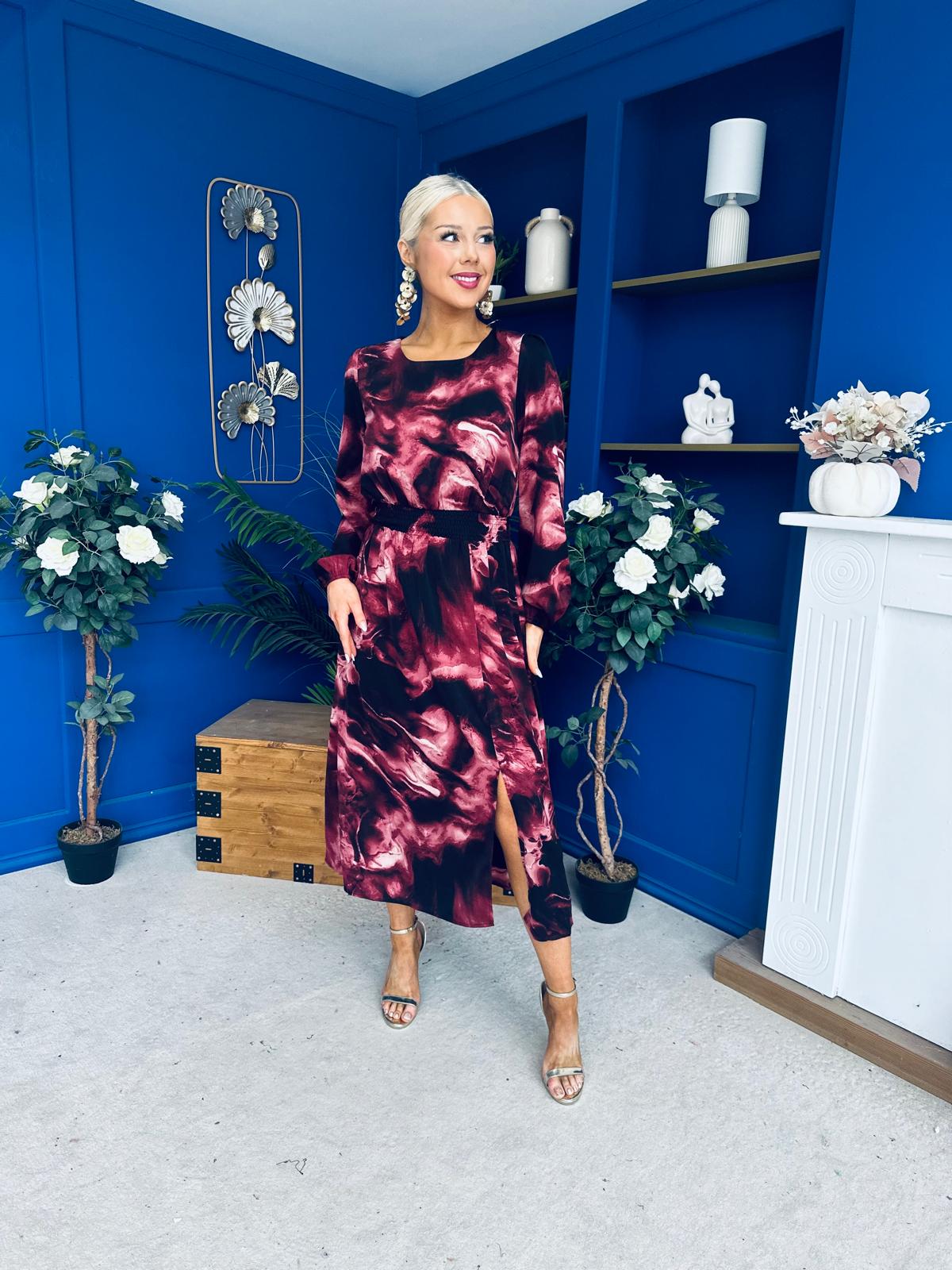 Cheryl Smocked Midi Dress Marble Wine