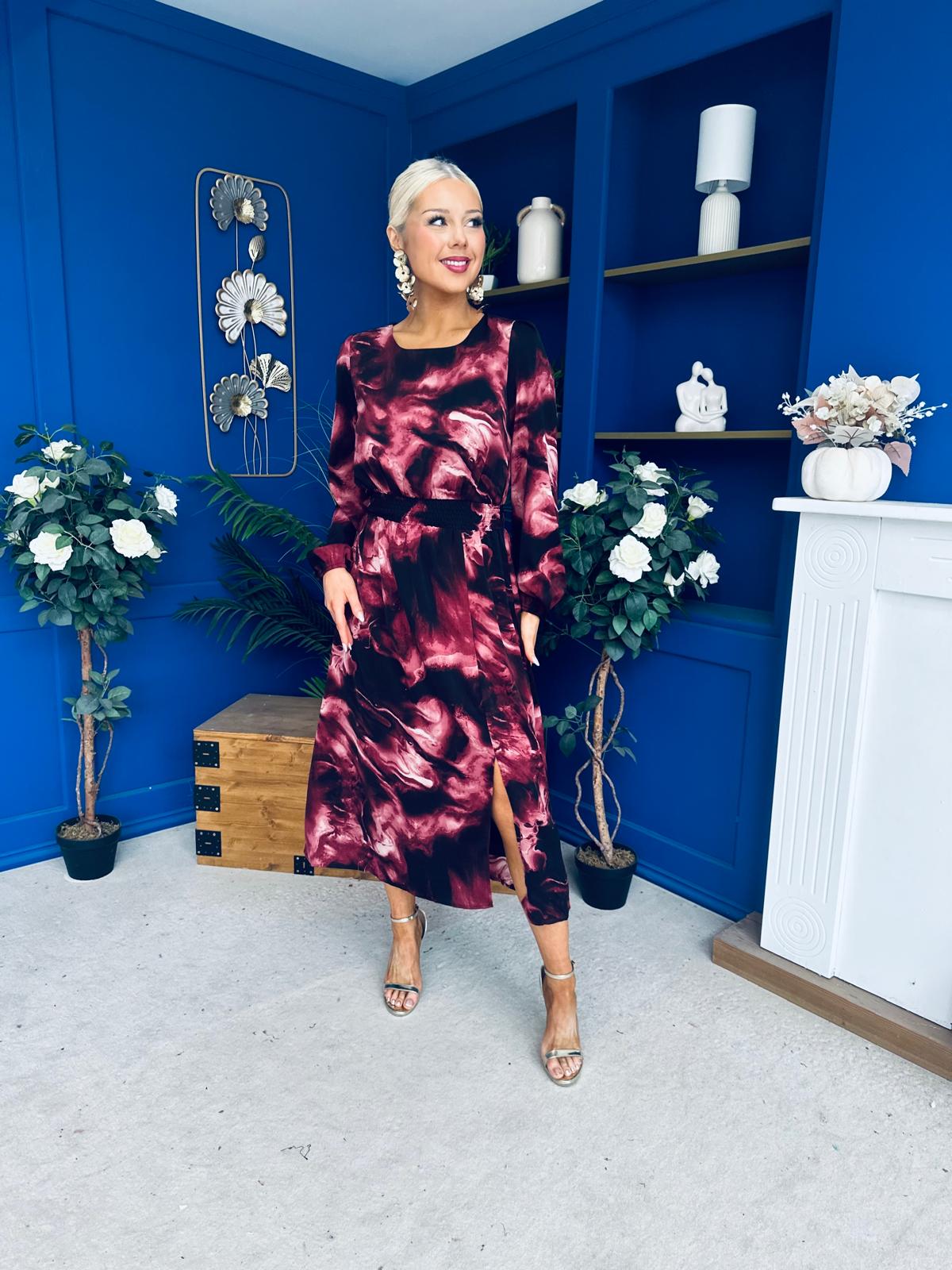 Cheryl Smocked Midi Dress Marble Wine