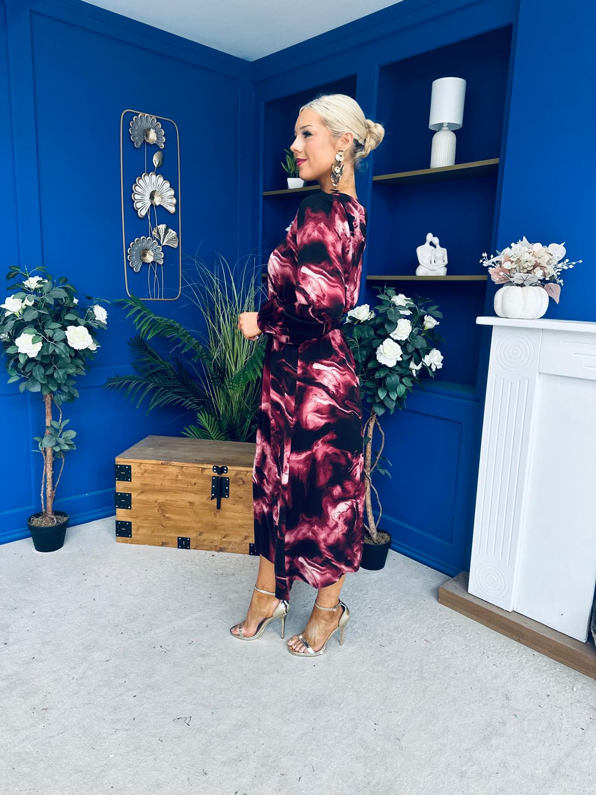Cheryl Smocked Midi Dress Marble Wine