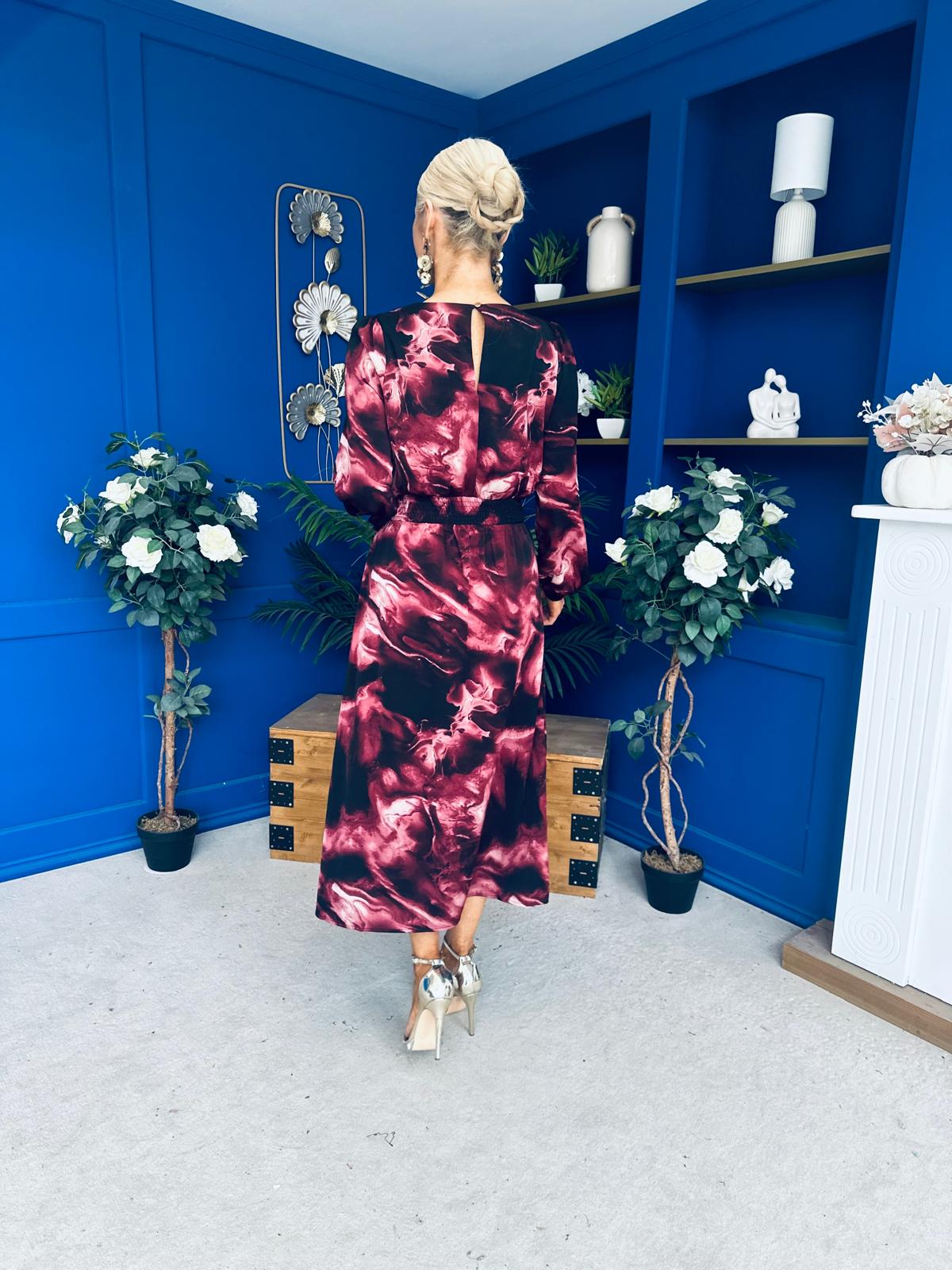 Cheryl Smocked Midi Dress Marble Wine