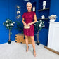 Ami Tulip Sleeve High Neck Mini Dress 3D Floral & Sequin Wine