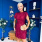 Ami Tulip Sleeve High Neck Mini Dress 3D Floral & Sequin Wine