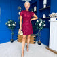Ami Tulip Sleeve High Neck Mini Dress 3D Floral & Sequin Wine