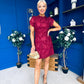 Ami Tulip Sleeve High Neck Mini Dress 3D Floral & Sequin Wine