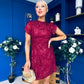 Ami Tulip Sleeve High Neck Mini Dress 3D Floral & Sequin Wine