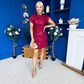 Ami Tulip Sleeve High Neck Mini Dress 3D Floral & Sequin Wine