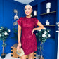 Ami Tulip Sleeve High Neck Mini Dress 3D Floral & Sequin Wine