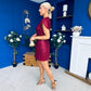 Ami Tulip Sleeve High Neck Mini Dress 3D Floral & Sequin Wine