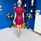 Ami Tulip Sleeve High Neck Mini Dress 3D Floral & Sequin Wine