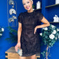 Ami Tulip Sleeve High Neck Mini Dress 3D Floral & Sequin Coco