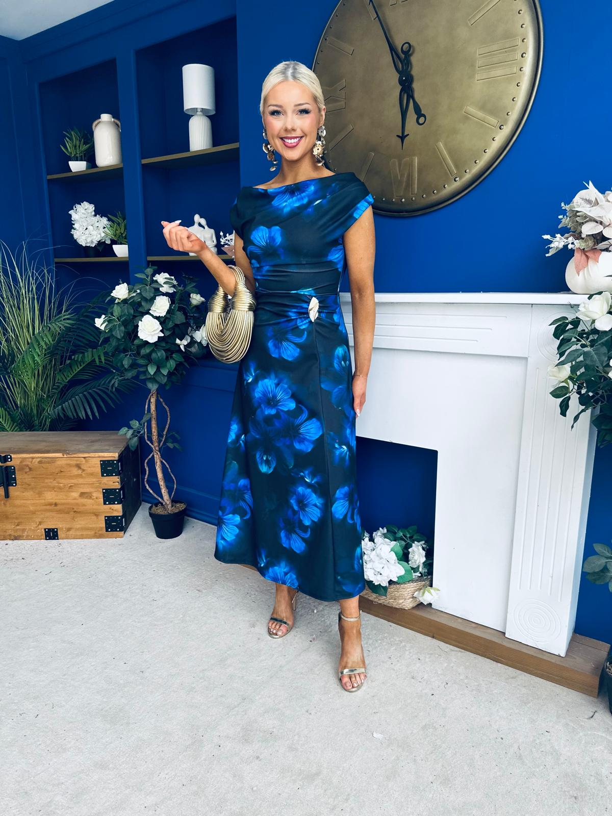 Lexie Gold Buckle Detail Midi Dress Black Floral Blue