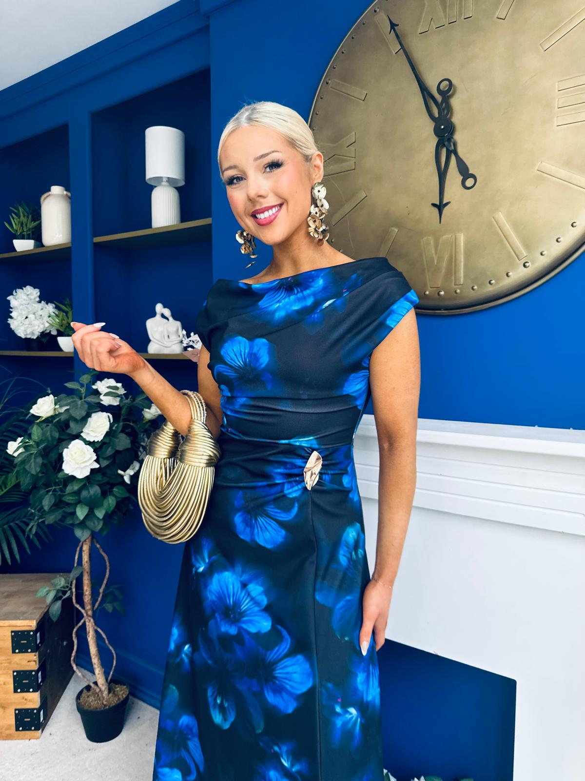 Lexie Gold Buckle Detail Midi Dress Black Floral Blue