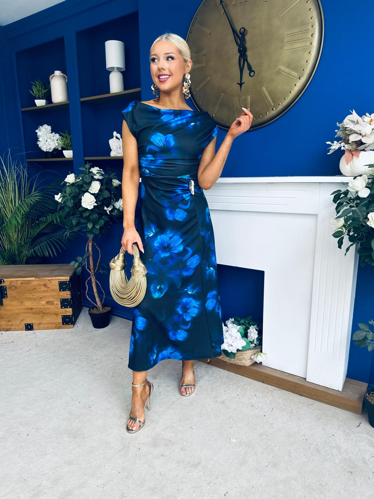 Lexie Gold Buckle Detail Midi Dress Black Floral Blue