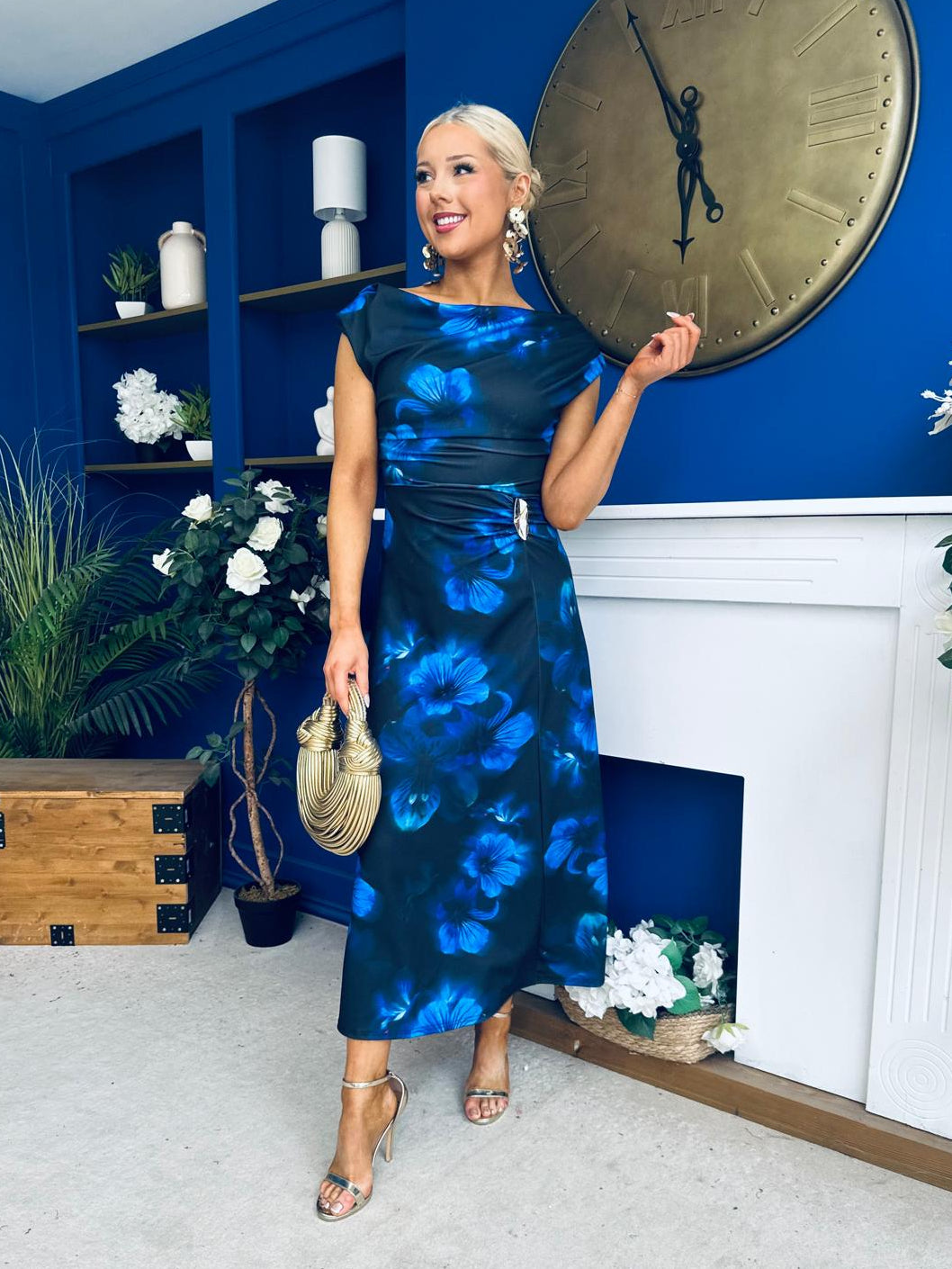 Lexie Gold Buckle Detail Midi Dress Black Floral Blue