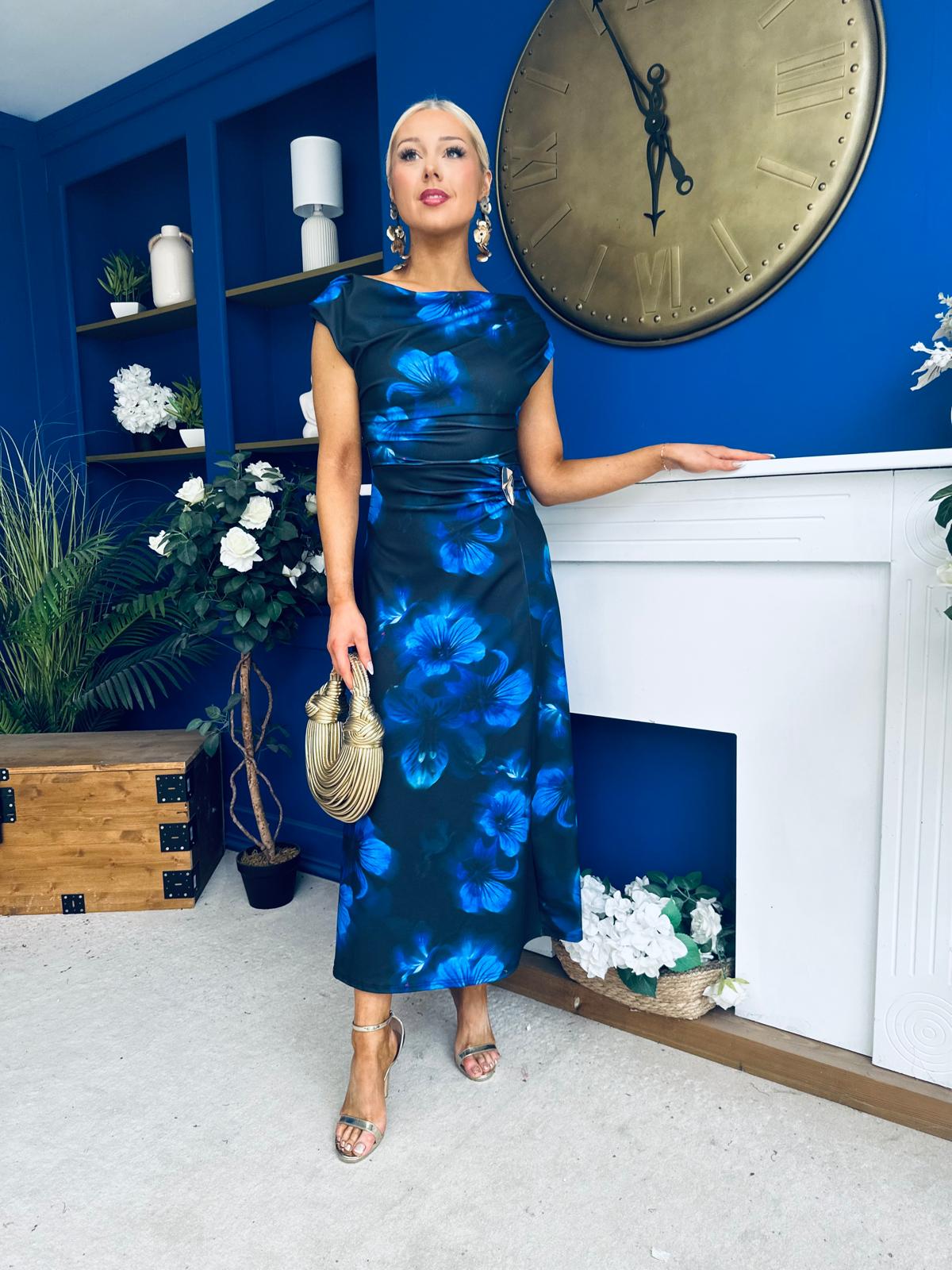 Lexie Gold Buckle Detail Midi Dress Black Floral Blue