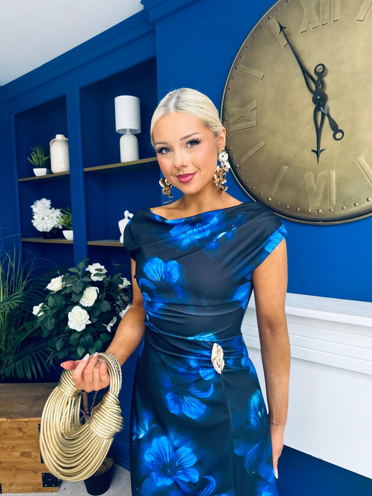 Lexie Gold Buckle Detail Midi Dress Black Floral Blue