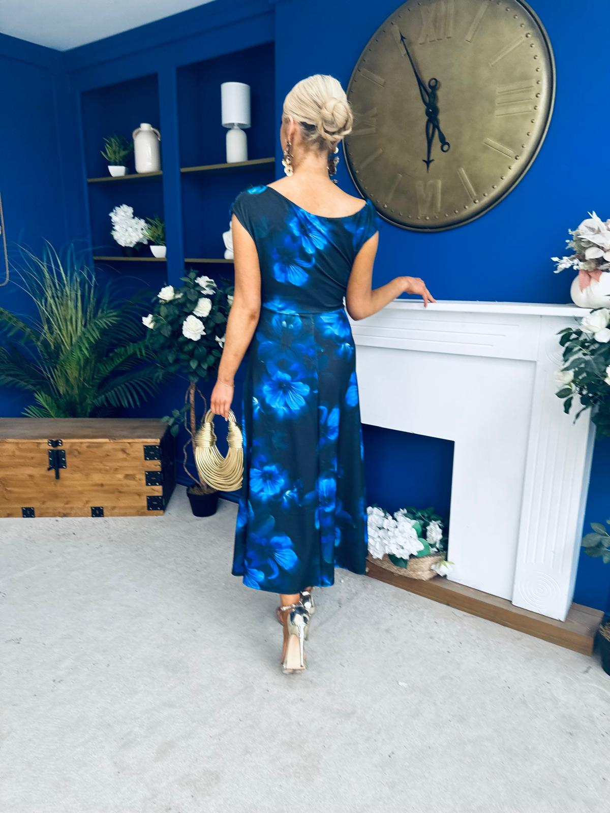 Lexie Gold Buckle Detail Midi Dress Black Floral Blue