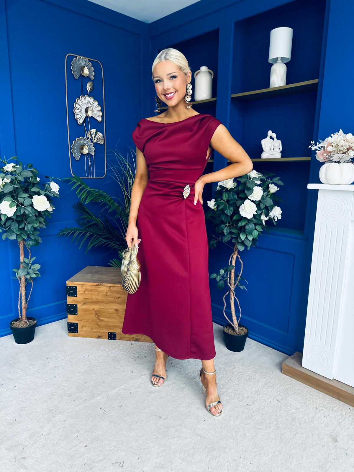 Gillian Gold Buckle Detail Midi Dress Wine