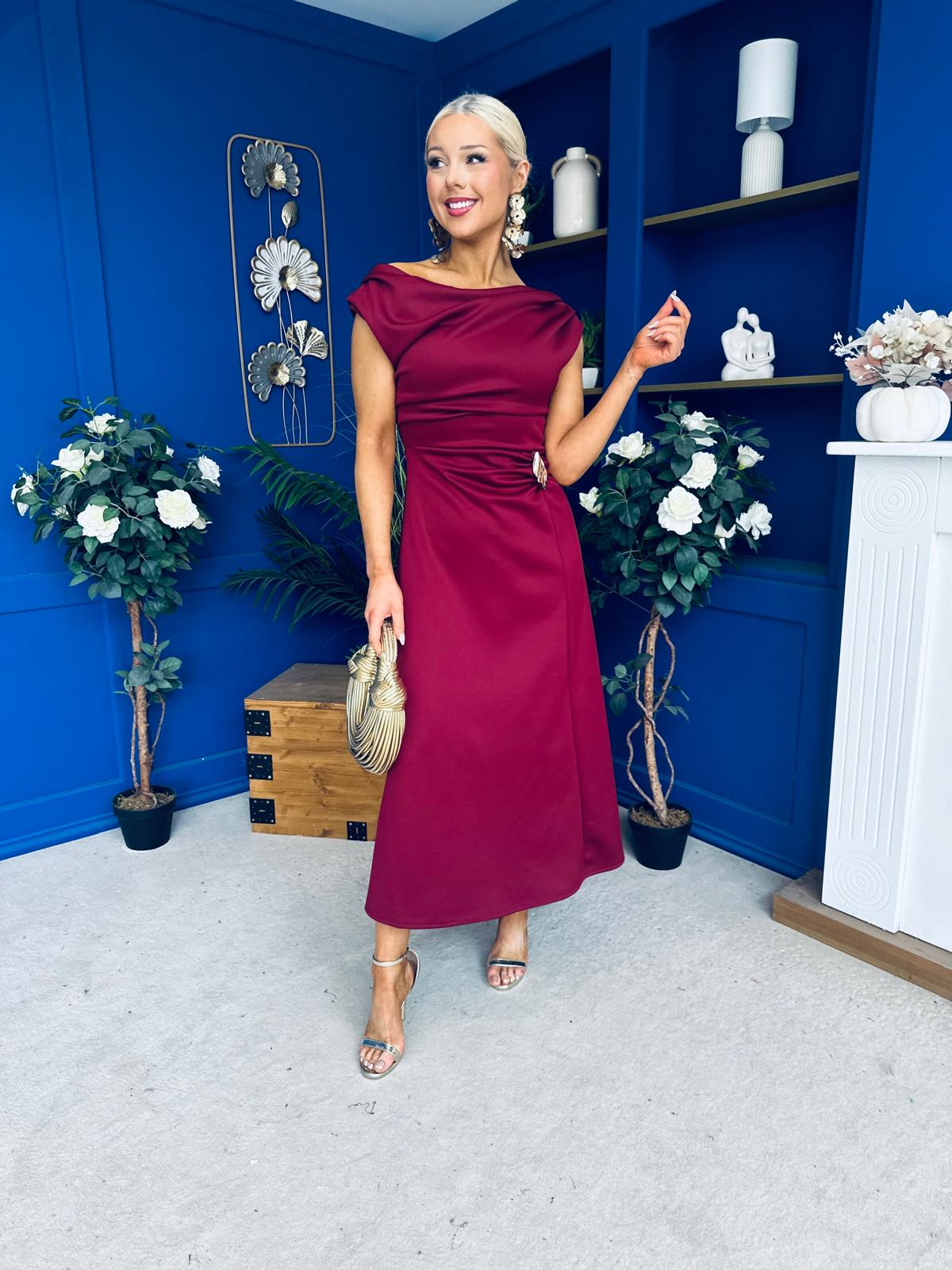 Gillian Gold Buckle Detail Midi Dress Wine