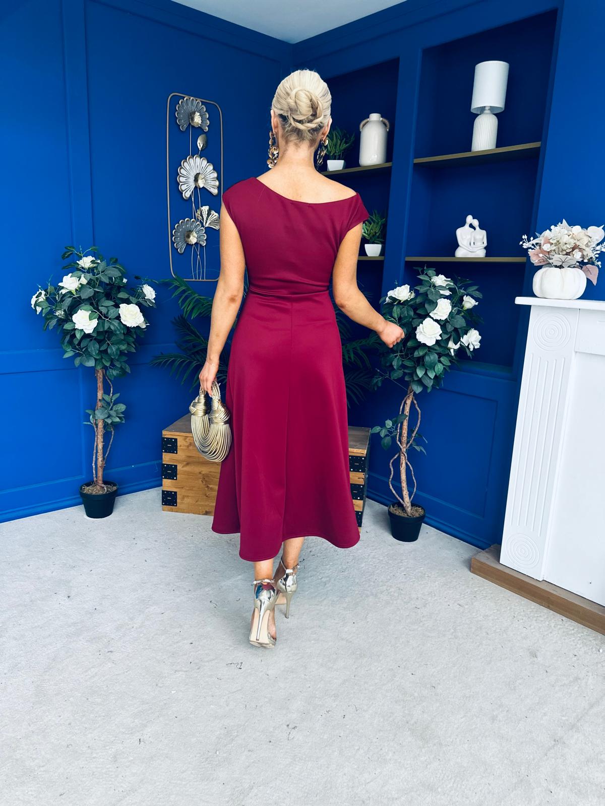 Gillian Gold Buckle Detail Midi Dress Wine