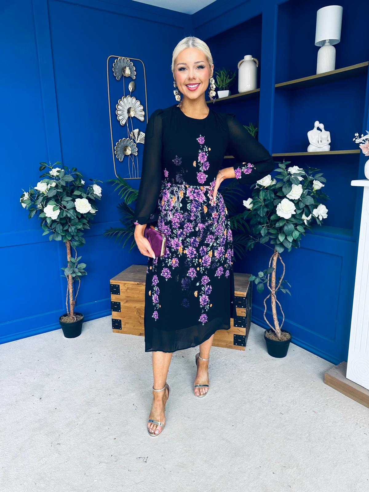 Bernice Full Sleeve Midi Dress Black Floral Purple
