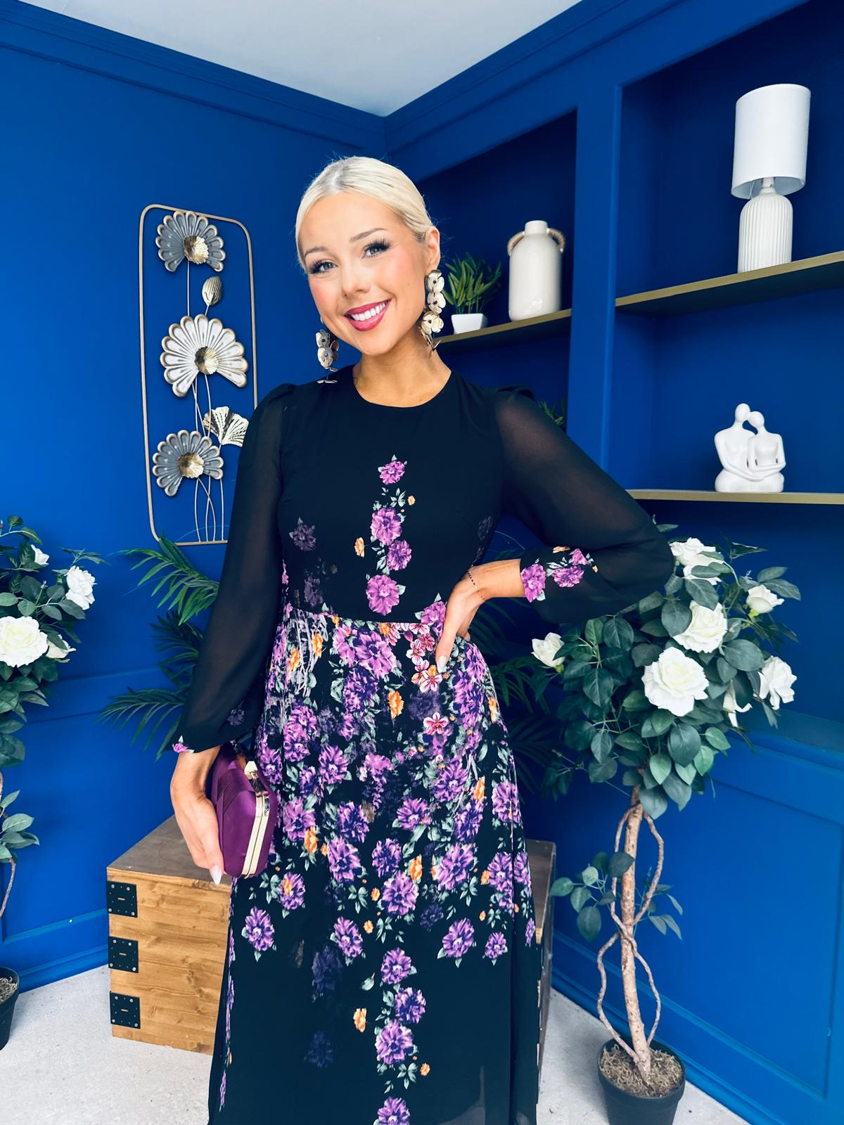 Bernice Full Sleeve Midi Dress Black Floral Purple