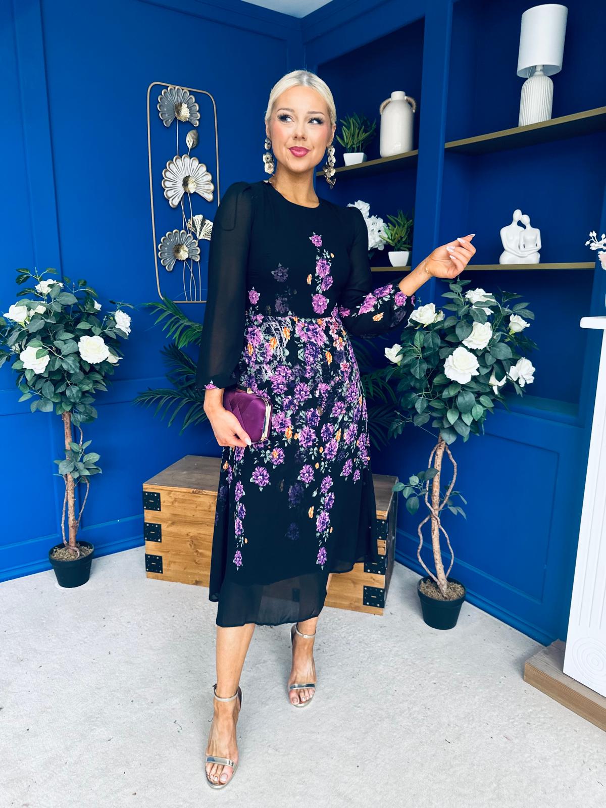 Bernice Full Sleeve Midi Dress Black Floral Purple