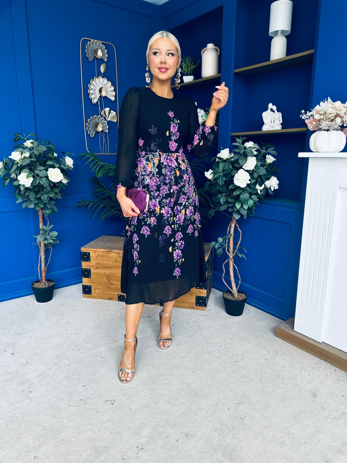 Bernice Full Sleeve Midi Dress Black Floral Purple