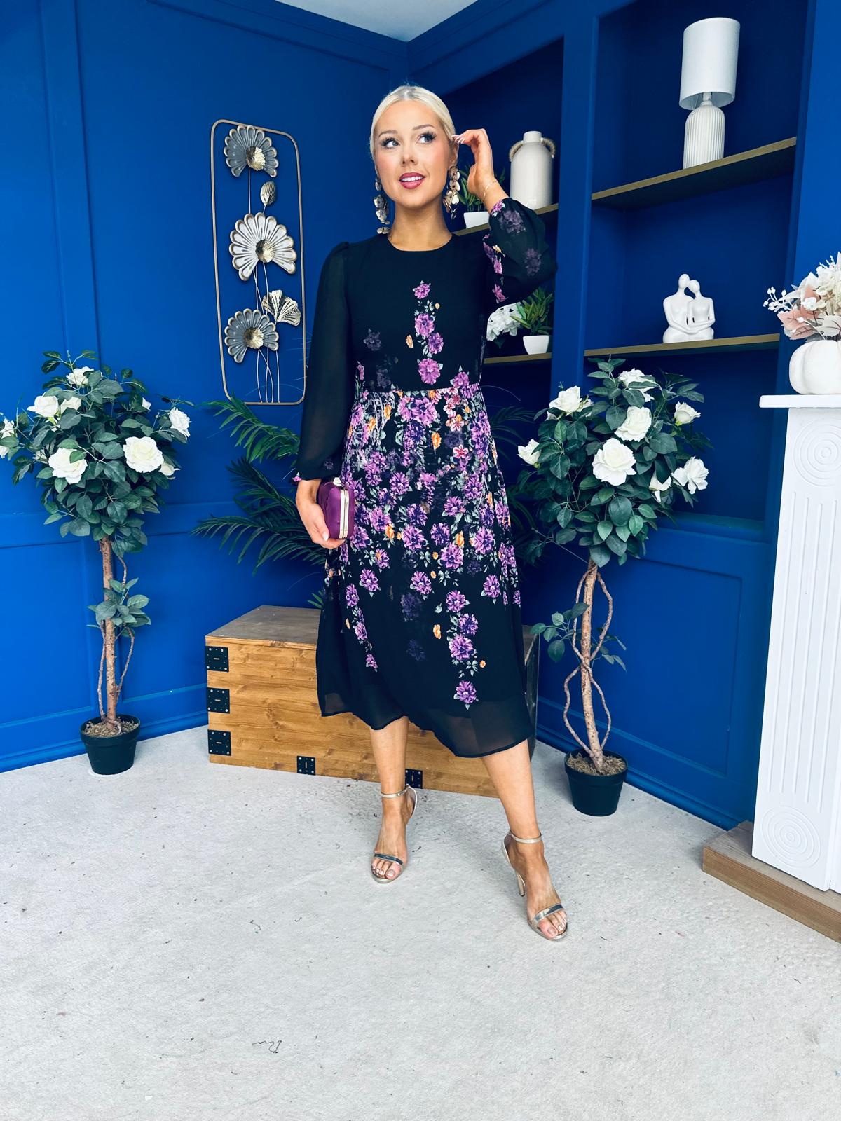 Bernice Full Sleeve Midi Dress Black Floral Purple