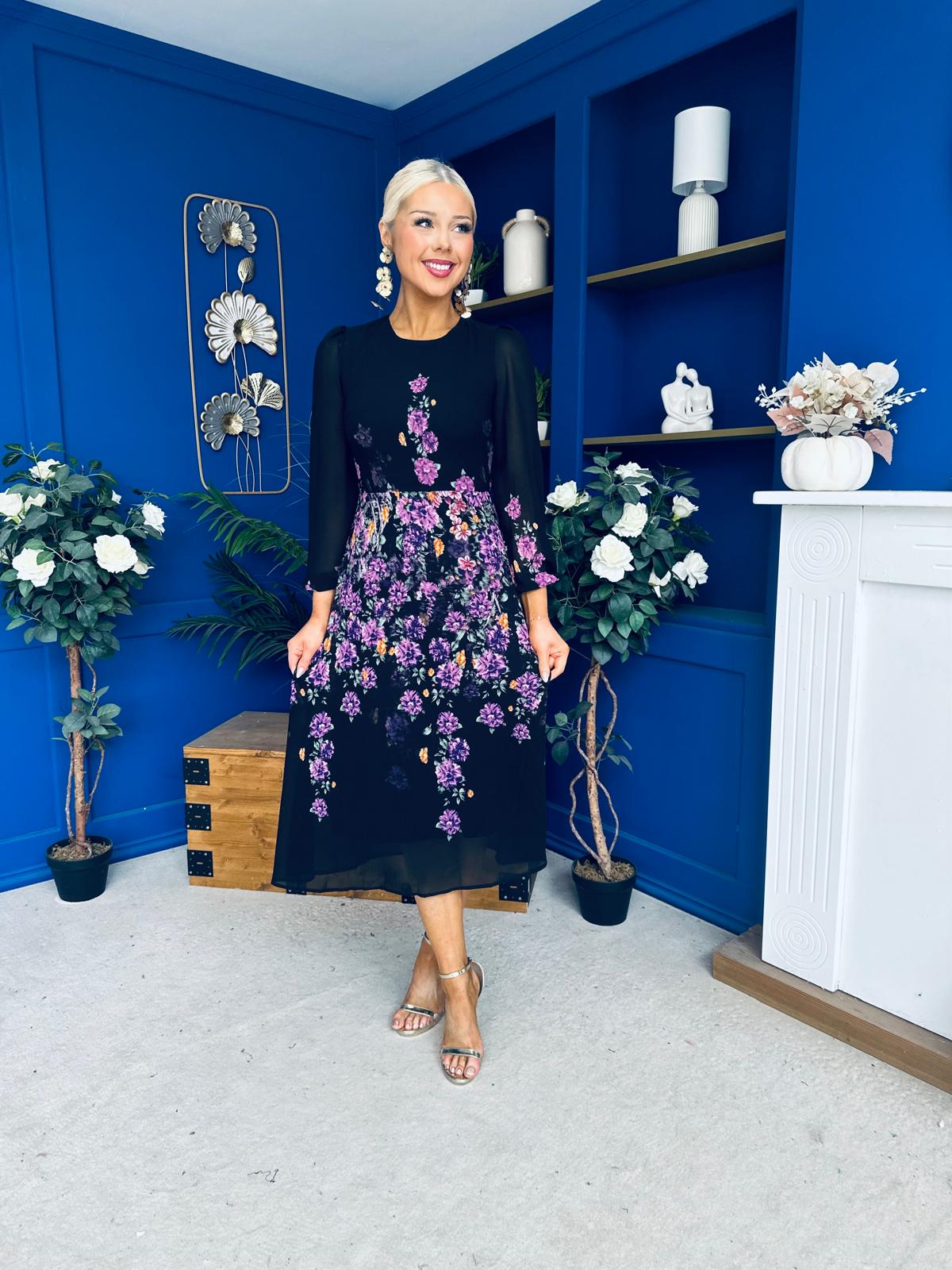 Bernice Full Sleeve Midi Dress Black Floral Purple