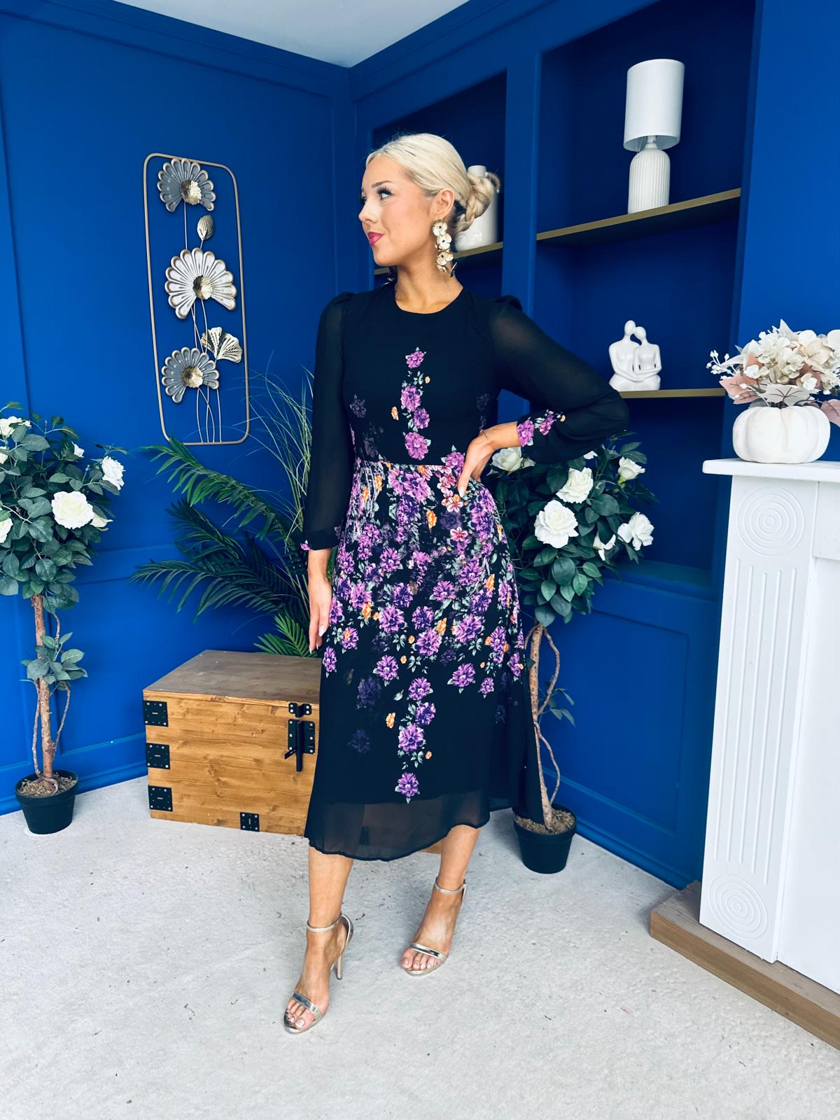 Bernice Full Sleeve Midi Dress Black Floral Purple