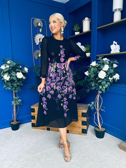 Bernice Full Sleeve Midi Dress Black Floral Purple