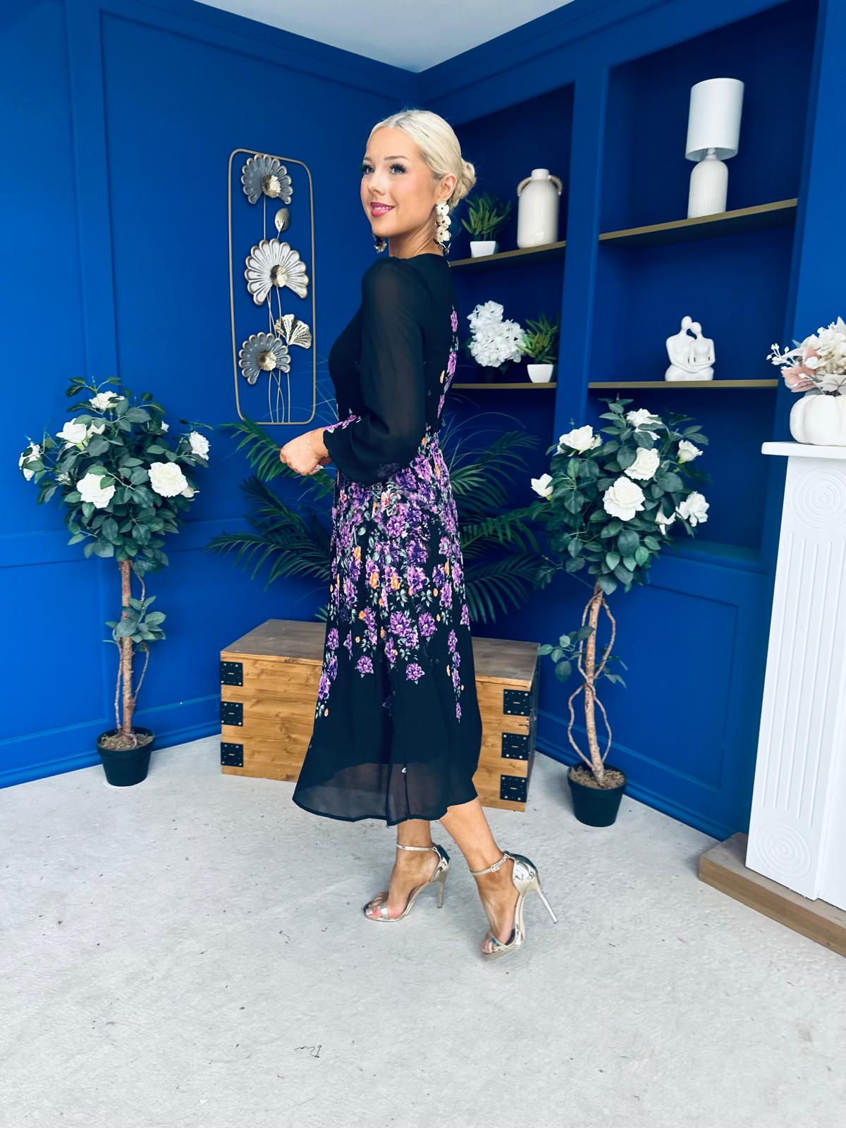 Bernice Full Sleeve Midi Dress Black Floral Purple