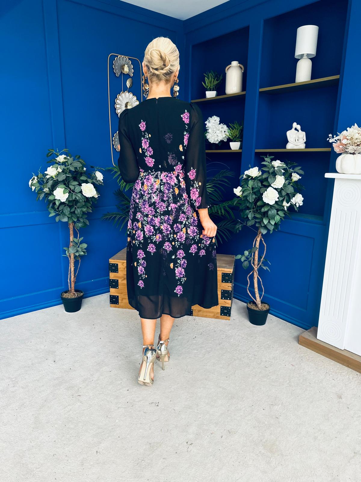 Bernice Full Sleeve Midi Dress Black Floral Purple