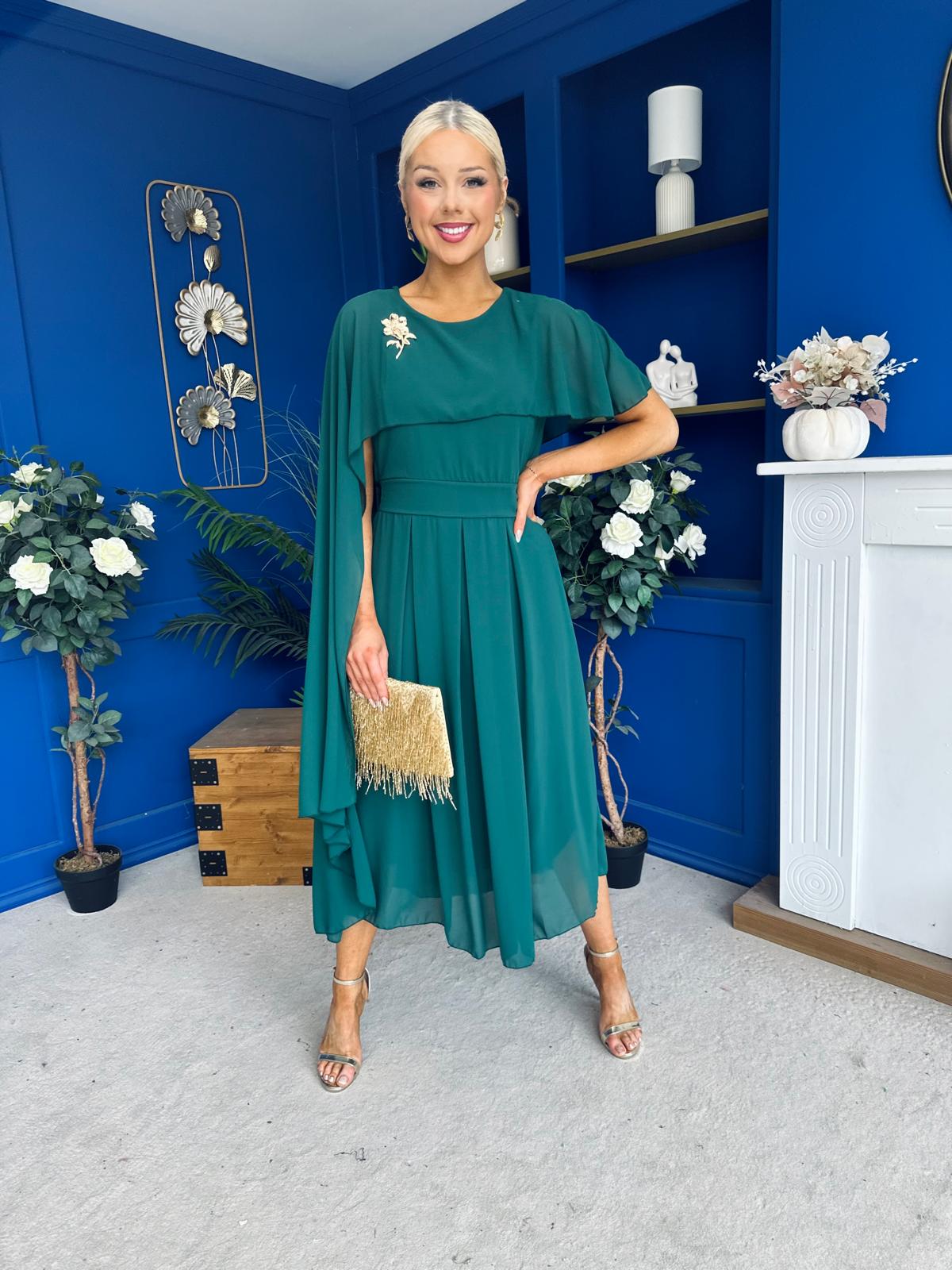 Caoimhe Cape Detail Midi Dress Forest