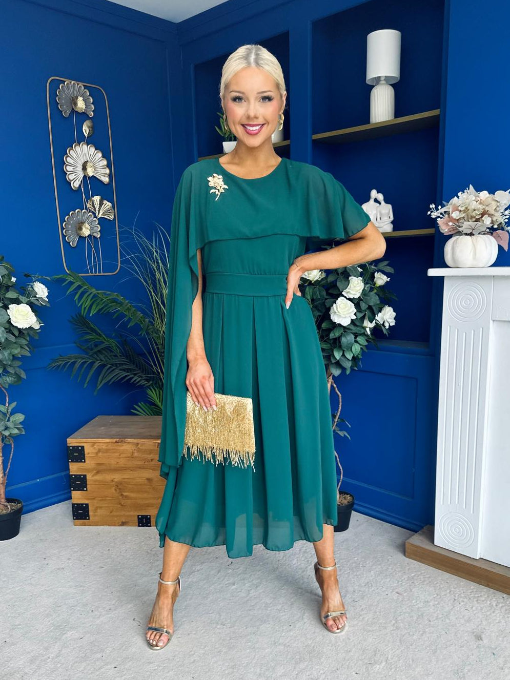 Caoimhe Cape Detail Midi Dress Forest