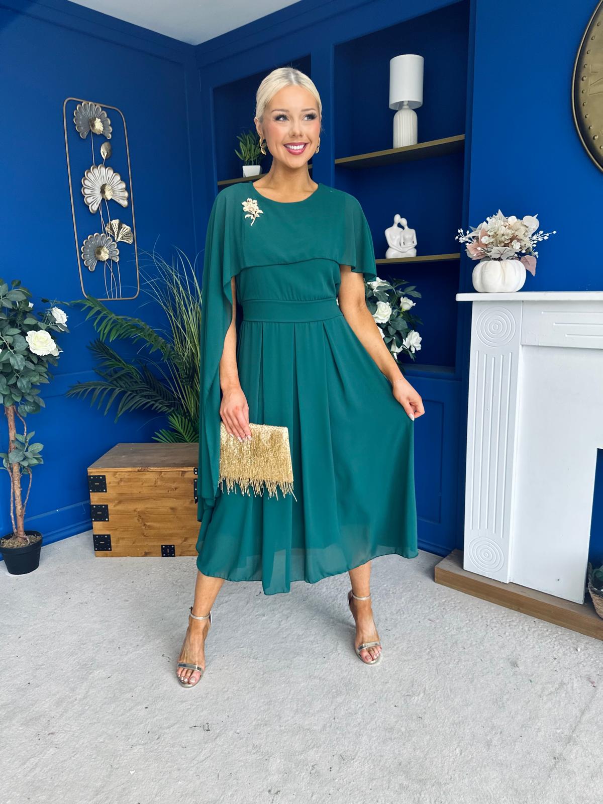 Caoimhe Cape Detail Midi Dress Forest