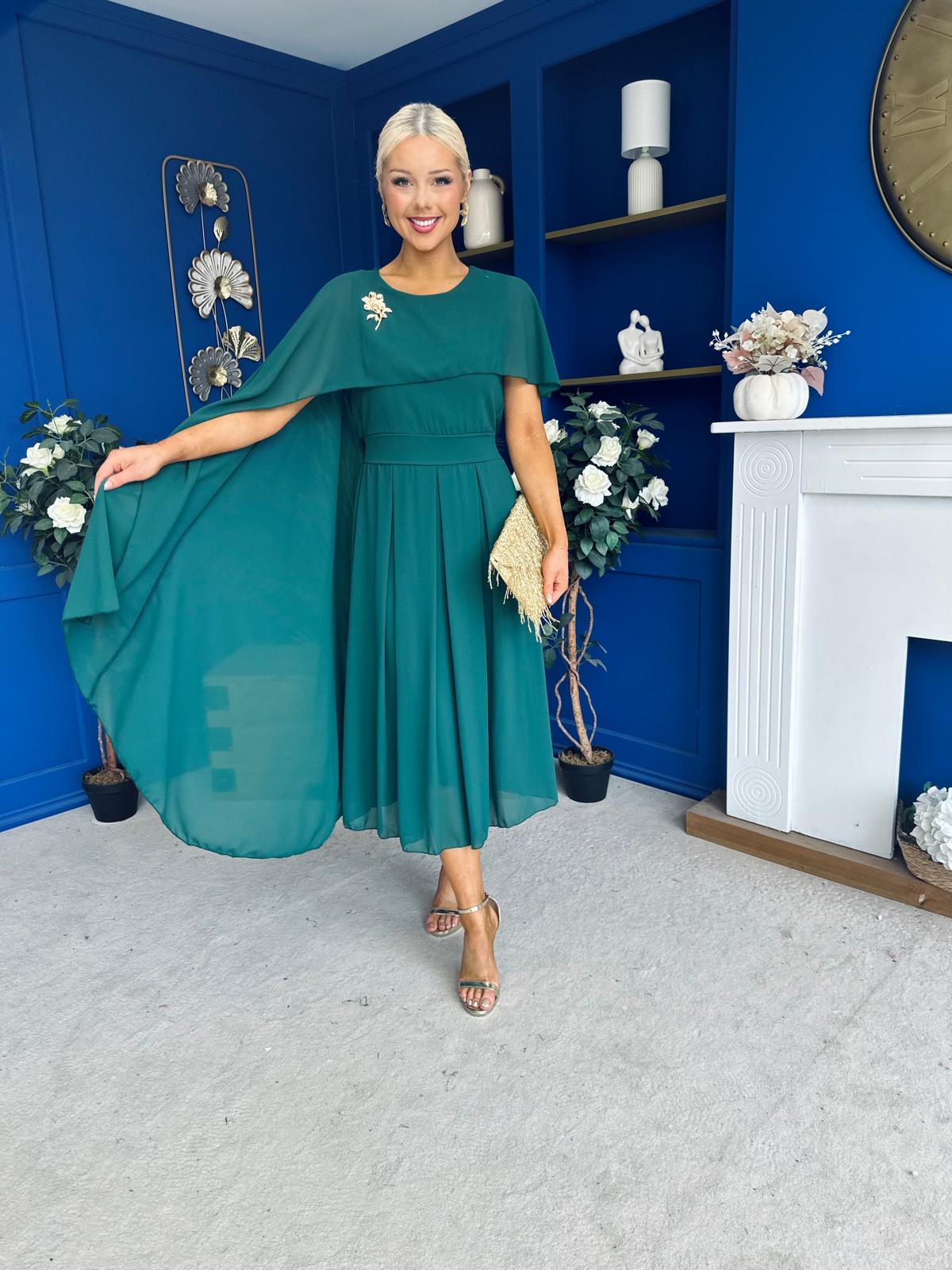Caoimhe Cape Detail Midi Dress Forest