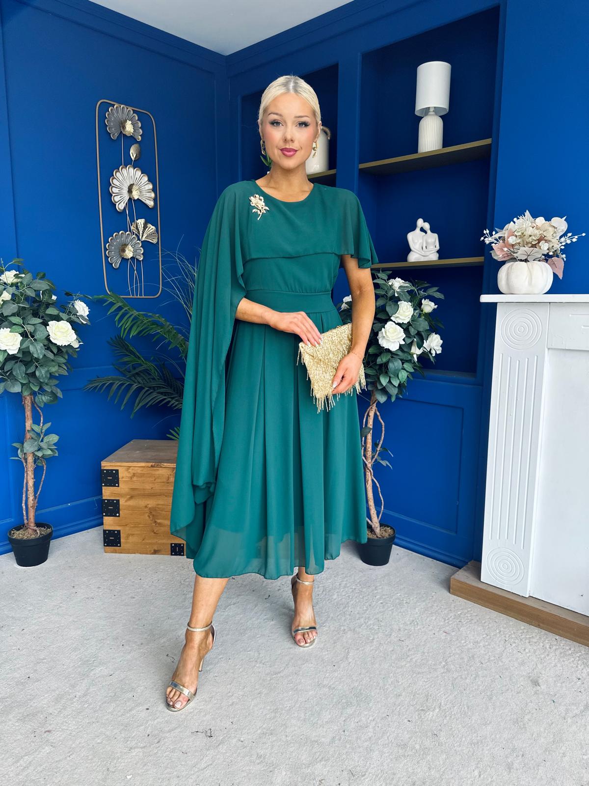 Caoimhe Cape Detail Midi Dress Forest